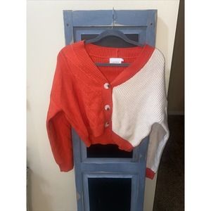 Lush Taupe Red And Crème Button Crop Top Sweater - Size L - NWOT